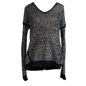 DKNY Black and Grey V-Neck Loose‎ Knit Sweater Sprinkled with Silver Sequins